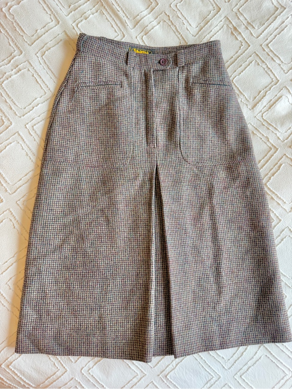 Vintage 70s Pera Paris Houndstooth Tweed Pleated Midi Skirt w/ Pockets Size 36
